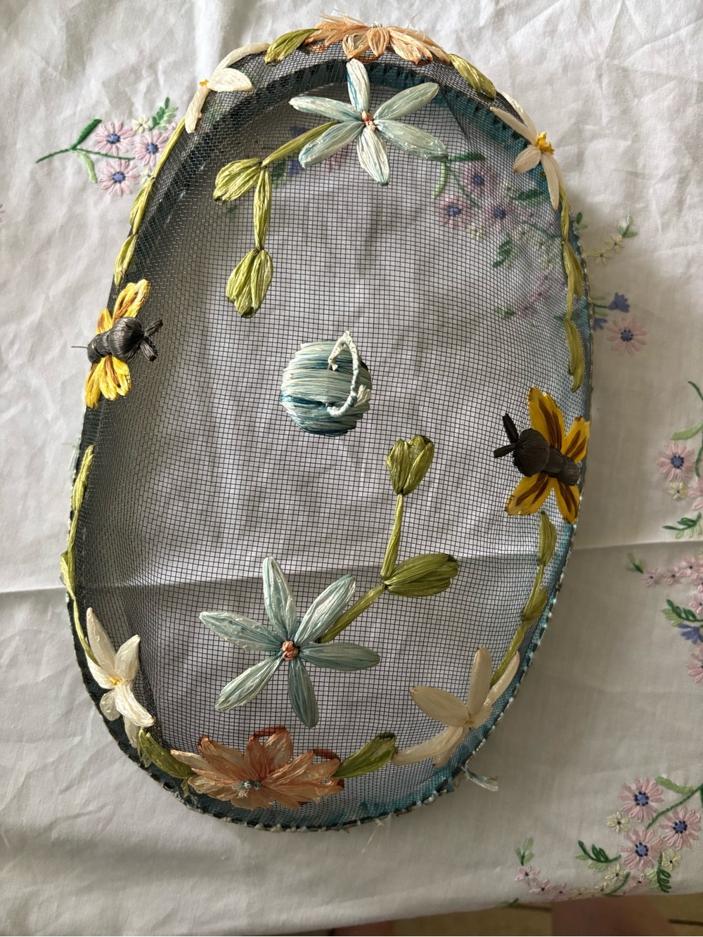 Vintage Hand-Embroidered Floral Mesh Tray Cover - Pastel Blue & Yellow